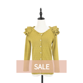 TYNVIE 花边肩饰圆领针织开衫-芥末绿