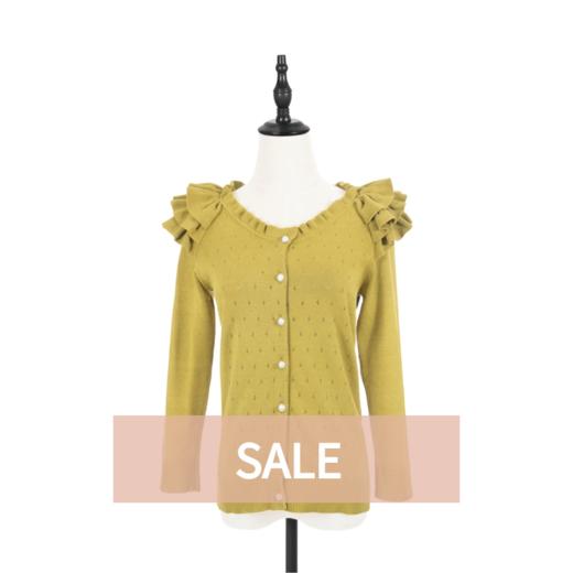 TYNVIE 花边肩饰圆领针织开衫-芥末绿 商品图0