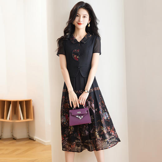 时尚气质拼接，印花假两件连衣裙QYM-TB-FD1454-Y 商品图1