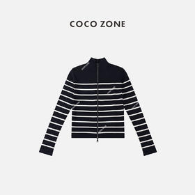 COCO ZONE 羊毛条纹针织衫立领长袖双头拉链上衣 23C29735
