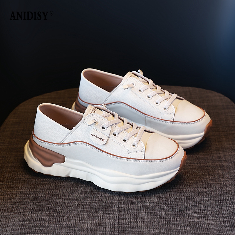 真皮踩跟两穿圆头低帮松紧带带厚底平跟休闲鞋