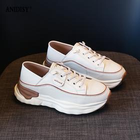 真皮踩跟两穿圆头低帮松紧带带厚底平跟休闲鞋