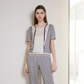 【连帽真丝花色T恤】24年春夏新品女士100%桑蚕丝花色短袖上衣印花运动九分裤