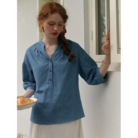 SimpleRetro蓝调苏黎世 法式设计感落肩牛仔衬衫女夏慵懒百搭上衣