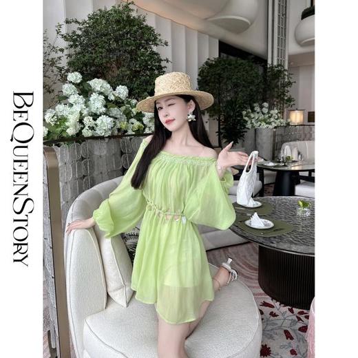 BeQueenStory【青苹果乐园】设计感镂空收腰一字肩灯笼袖连衣裙 商品图3