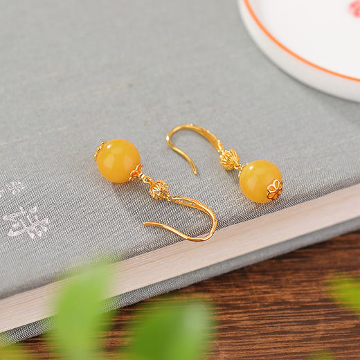 S925纯银镀金蜜蜡复古莲花镂空圆珠耳坠CW 商品图2