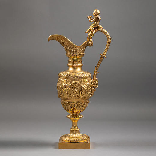 独角鹿西洋古董1850-1870年代法国出品新文艺复兴风格铜鎏金精雕「小酒神」主题水壶摆件一对 商品图2