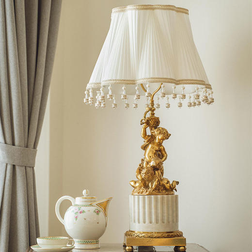 【已售】独角鹿西洋古董1900年代法国出品铜鎏金天使白色大理石底台灯 商品图2