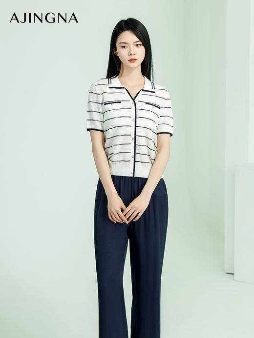 【商场同款】阿菁娜夏季新款修身翻领条纹毛衫A29X301063 商品图1