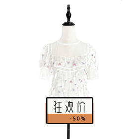 TYNVIE 领口装饰蕾丝拼接短袖上衣-印花