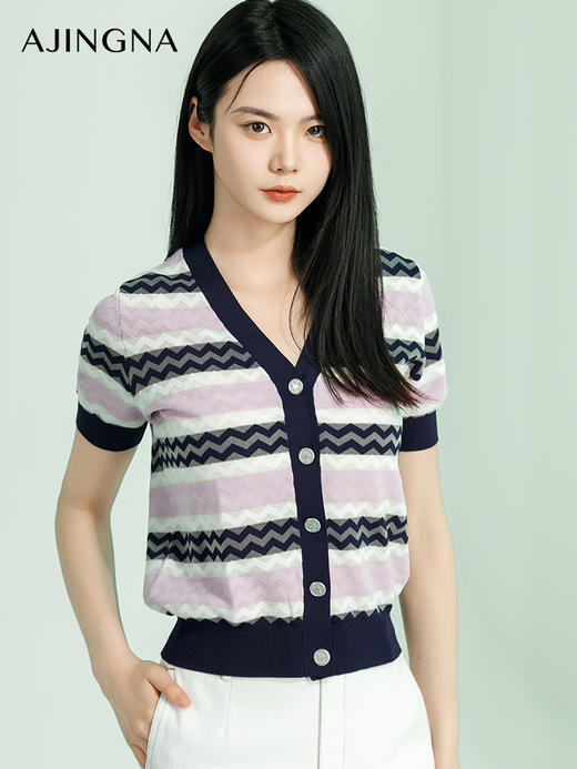 【商场同款】阿菁娜2024夏季新款V领条纹修身毛衫A29X301007 商品图3