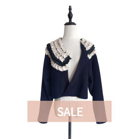 TYNVIE 多花边装饰不对称短款开衫-藏青色