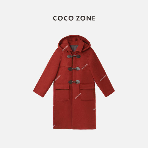 COCO ZONE 圣诞红色羊毛大衣牛角扣连帽毛呢外套23C30675 商品图0