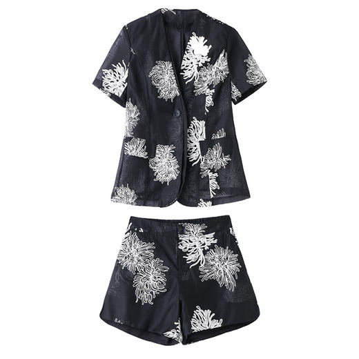 HR WH52589新中式风刺绣套装简约大方修身显瘦两件套裤 商品图4