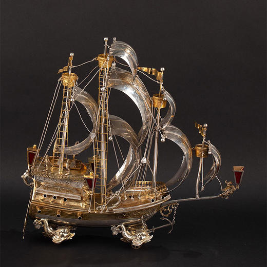 独角鹿西洋古董1910年代德国出品纯银鎏金精雕帆船造型摆件 商品图1