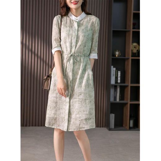 85749原形碎花连衣裙女中长款苎麻裙子2024春夏季新款韩版收腰茶歇裙 商品图0
