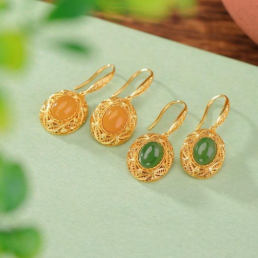S925纯银镀金和田玉碧玉蜜蜡复古花丝镂空蛋面耳坠CW 商品图0