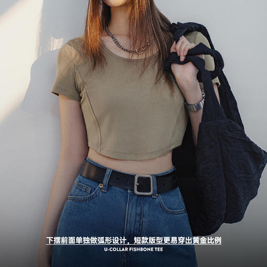 马登美式休闲正肩T恤U领鱼骨短袖修身百搭辣妹露腰短款上衣夏季女 商品图3