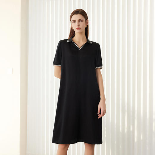 【V领中长款真丝裙】24年春夏新品桑蚕丝连衣裙时尚条纹撞色直筒裙子 商品图1