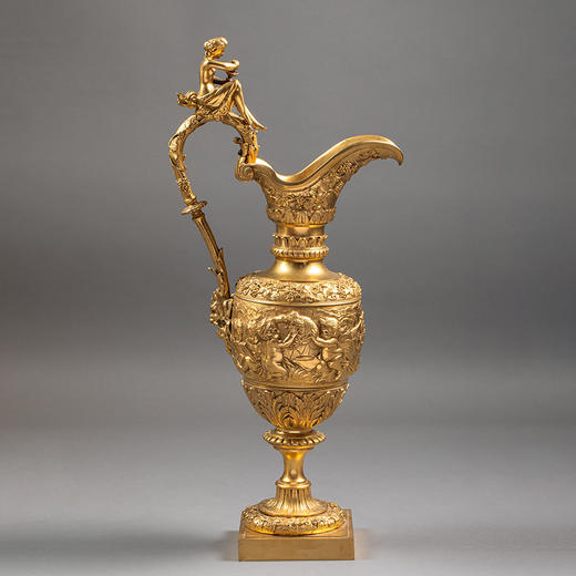 独角鹿西洋古董1850-1870年代法国出品新文艺复兴风格铜鎏金精雕「小酒神」主题水壶摆件一对 商品图1