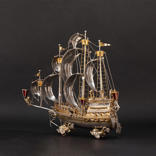 独角鹿西洋古董1910年代德国出品纯银鎏金精雕帆船造型摆件 商品图0