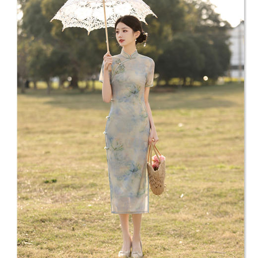 复古国风长款短袖旗袍，素雅日常旗袍裙GX-179107 商品图0