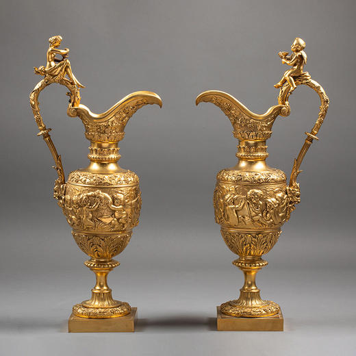 独角鹿西洋古董1850-1870年代法国出品新文艺复兴风格铜鎏金精雕「小酒神」主题水壶摆件一对 商品图0