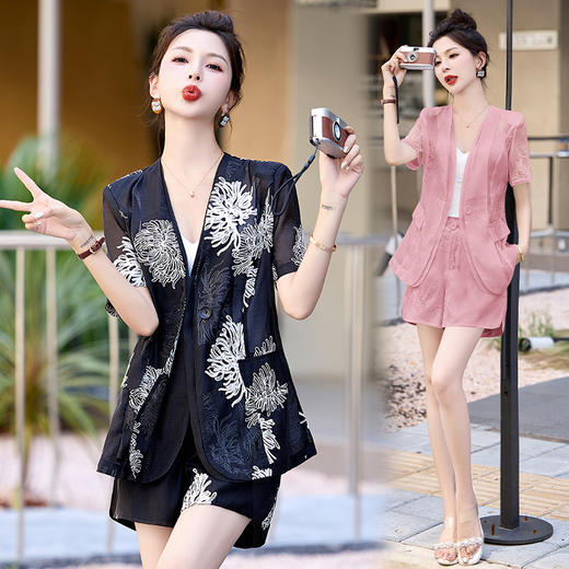 HR WH52589新中式风刺绣套装简约大方修身显瘦两件套裤 商品图0