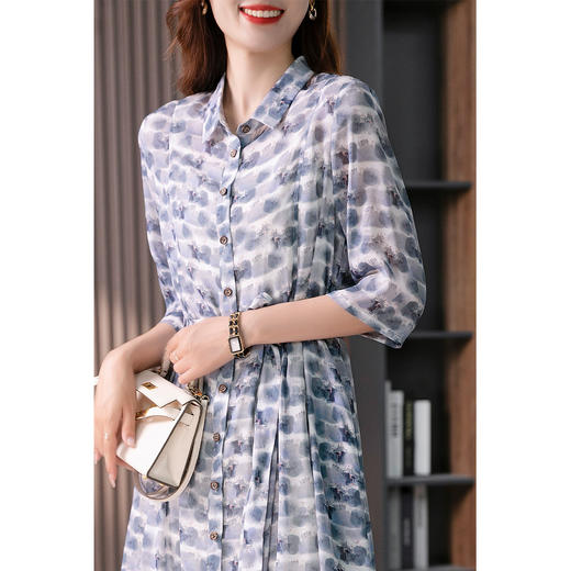 89311原形气质显瘦真丝连衣裙女2024夏季新款中长款碎花桑蚕丝衬衫裙子 商品图0