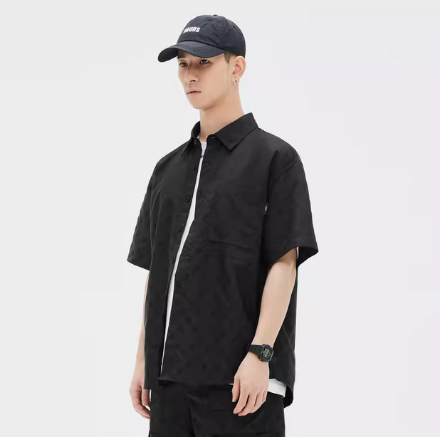 GXG黑色翻领短袖衬衫GE1230813C