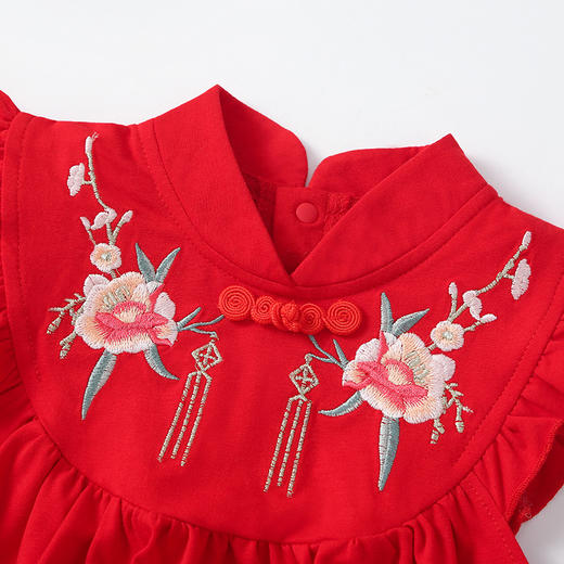 【国风周岁礼服】婴儿满月百天冠衣女孩衣服红色抓周宴一周岁礼服女宝宝夏季包屁衣 商品图3