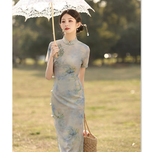 复古国风长款短袖旗袍，素雅日常旗袍裙GX-179107 商品图2