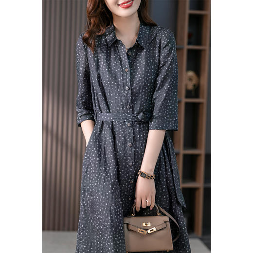 87030原形法式衬衫裙女中长款苎麻连衣裙高端2024春季新款韩版碎花裙子 商品图2