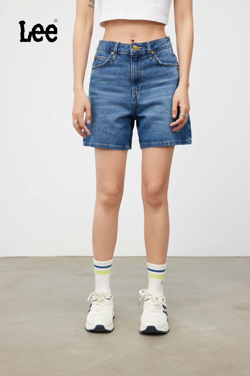 Lee商场同款女A字形中蓝色牛仔短裤LWB143653101291A03652