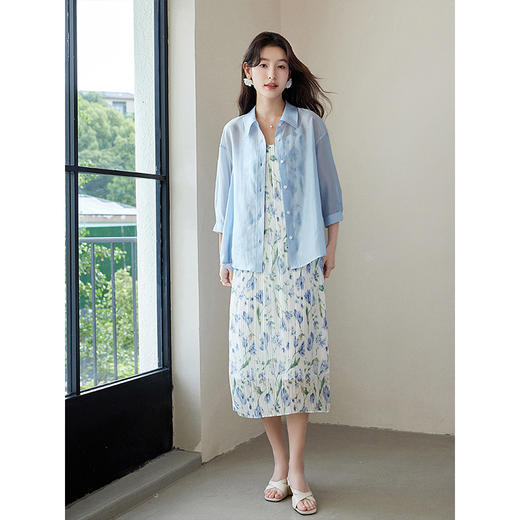 【五折购】熙世界莱赛尔防晒衬衫女2025夏季新款休闲薄款天丝开衫蓝色衬衣 商品图4