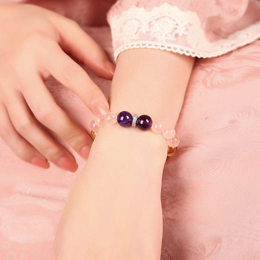 灵机生活馆 粉水晶缘财手链 黄阿塞粉晶紫晶手串 商品图3