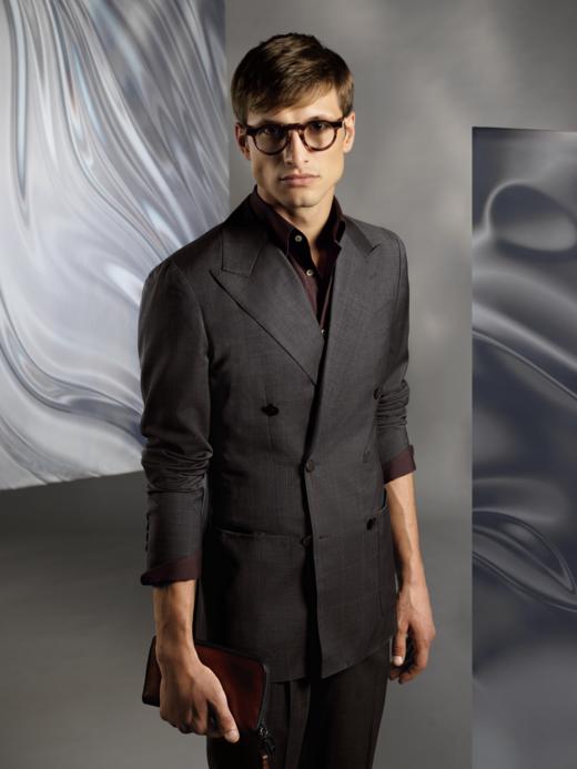 Stylbiella Super 120's 澳洲美丽诺羊毛纬向自然弹力棕色格纹全麻衬西装套装 商品图0