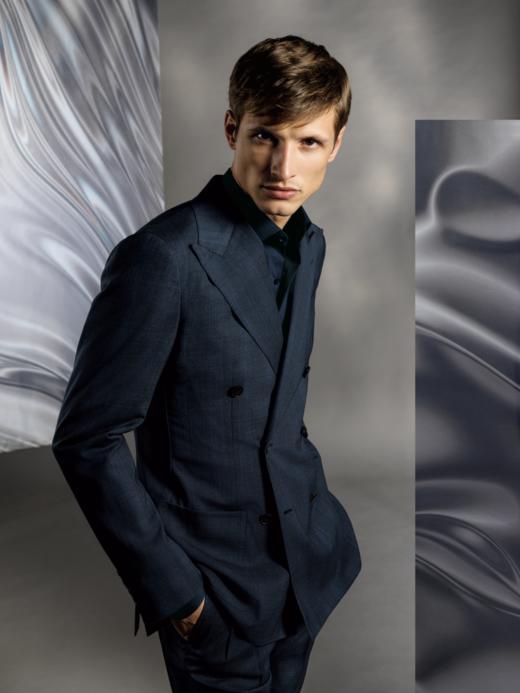 Stylbiella 98%澳洲美丽诺羊毛2%弹力纤维纬向弹力蓝色格纹全麻衬西装套装 商品图0