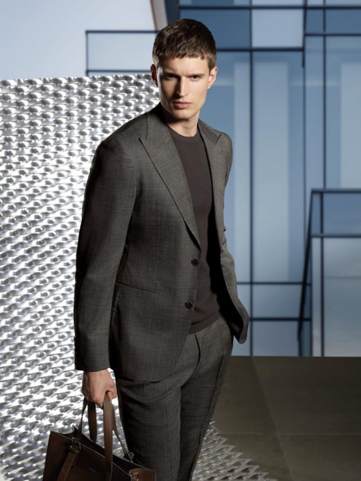 Stylbiella 澳洲美丽诺羊毛纬向自然弹力棕色格纹全麻衬西装套装 商品图0