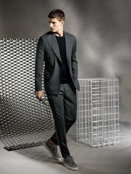 Stylbiella 97%澳洲美丽诺羊毛3%弹力纤维纬向弹力灰色格纹全麻衬西装套装 商品图0