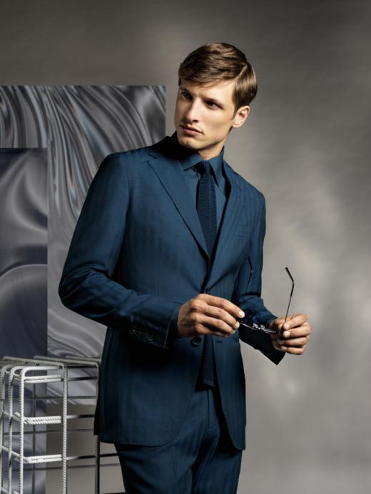 Stylbiella Super 130's 澳洲美丽诺羊毛纬向自然弹力蓝色条纹全麻衬西装套装 商品图0