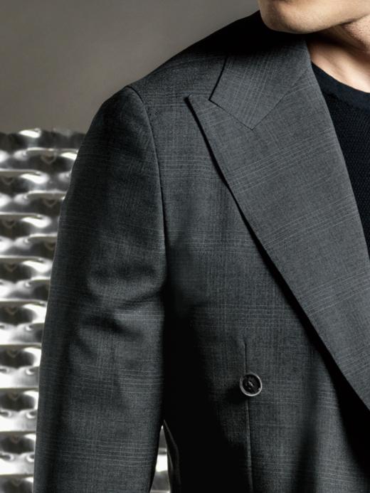 Stylbiella 97%澳洲美丽诺羊毛3%弹力纤维纬向弹力灰色格纹全麻衬西装套装 商品图2