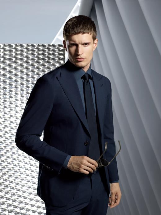 Stylbiella 97%澳洲美丽诺羊毛3%弹力纤维四向弹力蓝色格纹全麻衬西装套装 商品图0