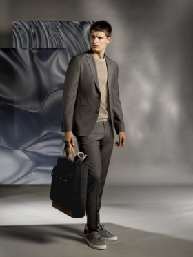 Stylbiella 澳洲美丽诺羊毛四向自然弹力棕色条纹全麻衬西装套装