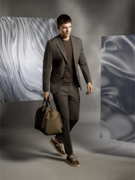 Stylbiella 97%棉3%弹力纤维四向弹力泡泡纱棕色全麻衬西装套装