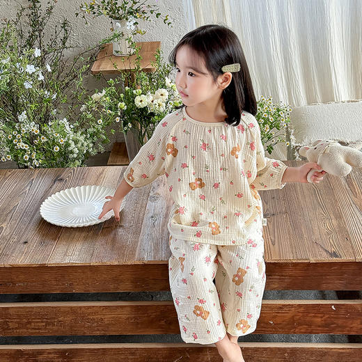 【A类儿童纱布睡衣套装】儿童睡衣a类夏天纯棉纱布家居服套装，吸汗透气舒适柔软，可爱薄款女童男孩宝宝空调服睡衣家居服QQ 商品图2