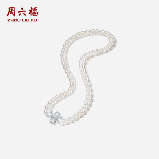 周六福S925银珍珠项链女优雅双层蝴蝶结淡水珍珠小米珠复古锁骨链 商品图1