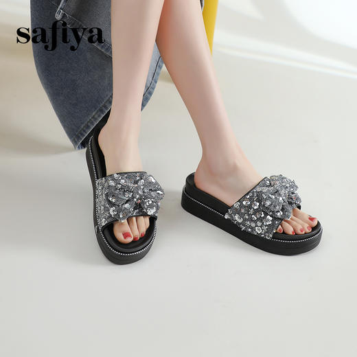 Safiya/索菲娅2024新款春夏气质珍珠蝴蝶结平底休闲外穿拖鞋SF42110M07 商品图6