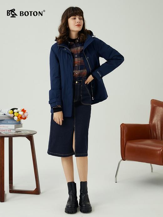 波顿春秋中长款女士连帽深蓝色风衣高端美式休闲外套上衣LJ908323 商品图3