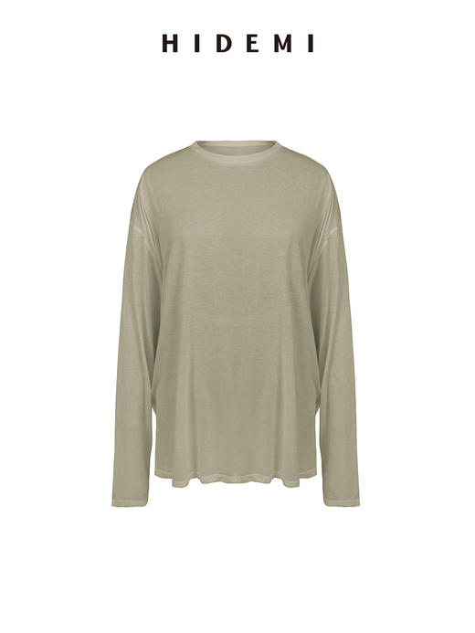HIDEMI凉感超薄清透皮肤衣系列圆领oversize宽松慵懒长袖面膜T恤 朱红色/豆沙灰绿/烟草灰/深藏青/自然白 商品图11